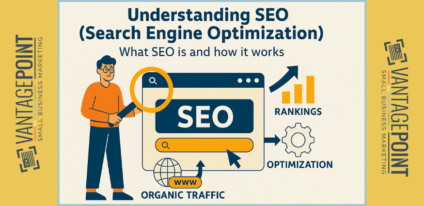 Flat-style digital illustration showing the concept of SEO with search engine elements, keyword optimization, graphs, and ranking arrows to represent how SEO improves website visibility.