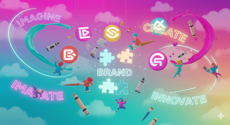 3D futuristic creative studio with designers shaping a glowing holographic logo, neon typography, and color swatches floating in the air, representing the process of building a Memorable Brand Identity.