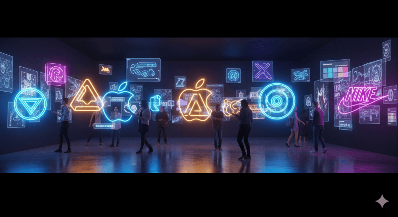 creative, imaginative 3D image designed highlighting famous-style logo icons like Apple and Nike