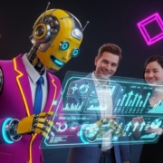 Brightly colored retro robot and two coworkers analyzing a glowing holographic dashboard with charts and conversion icons, in a cinematic 3D office scene representing AI-powered marketing insights.