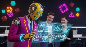 Review Online Presence and performance: AI and Marketing: Brightly colored retro robot and two coworkers analyzing a glowing holographic dashboard with charts and conversion icons, in a cinematic 3D office scene representing AI-powered marketing insights.