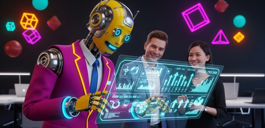 Review Online Presence and performance: AI and Marketing: Brightly colored retro robot and two coworkers analyzing a glowing holographic dashboard with charts and conversion icons, in a cinematic 3D office scene representing AI-powered marketing insights.