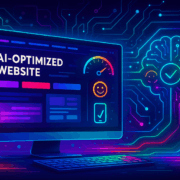 Futuristic AI-powered website glowing with neon colors, holographic data streams, and performance icons symbolizing speed, UX, and optimization.
