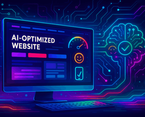 Futuristic AI-powered website glowing with neon colors, holographic data streams, and performance icons symbolizing speed, UX, and optimization.