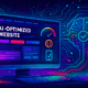 Futuristic AI-powered website glowing with neon colors, holographic data streams, and performance icons symbolizing speed, UX, and optimization.