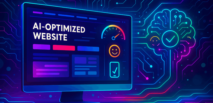 Futuristic AI-powered website glowing with neon colors, holographic data streams, and performance icons symbolizing speed, UX, and optimization.