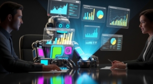 3D retro-style robot with neon panels working alongside two team members at a desk, projecting holographic marketing reports with charts and KPIs, symbolizing AI in marketing reports