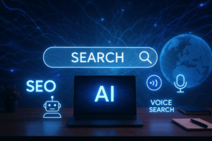 Futuristic AI-powered search interface with glowing keywords, neural network lines, and a digital globe symbolizing Generative AI in SEO.