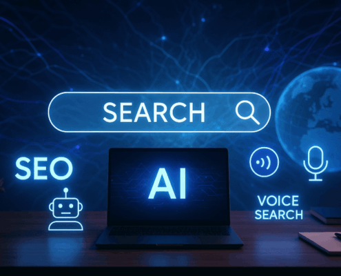 Futuristic AI-powered search interface with glowing keywords, neural network lines, and a digital globe symbolizing Generative AI in SEO.