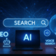 Futuristic AI-powered search interface with glowing keywords, neural network lines, and a digital globe symbolizing Generative AI in SEO.