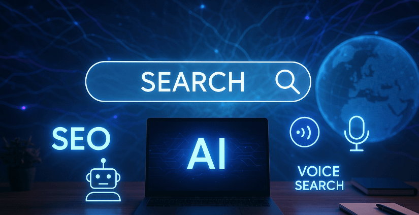 Futuristic AI-powered search interface with glowing keywords, neural network lines, and a digital globe symbolizing Generative AI in SEO.