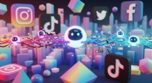 Creative collage-style digital artwork showing AI chatbots generating posts, memes, and videos that stream across a cityscape of giant social media icons, symbolizing AI tools maximizing social media engagement