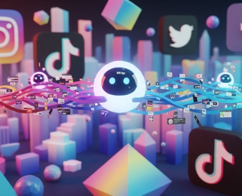 Creative collage-style digital artwork showing AI chatbots generating posts, memes, and videos that stream across a cityscape of giant social media icons, symbolizing AI tools maximizing social media engagement