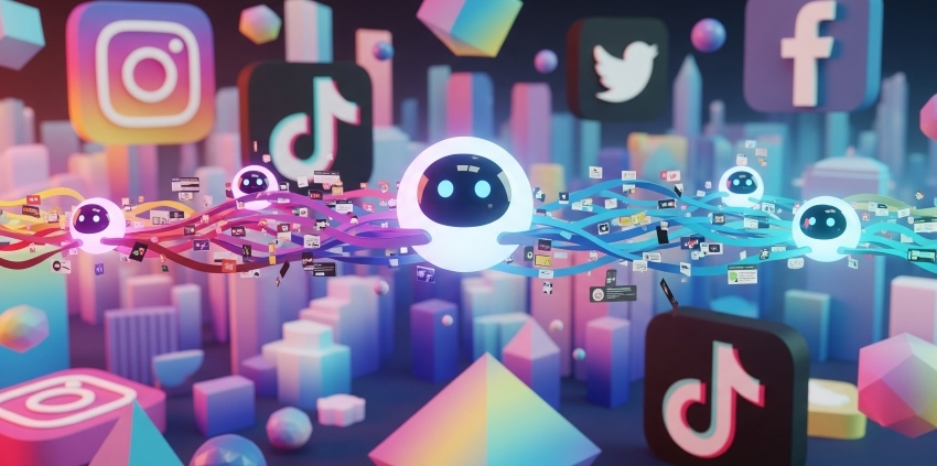 Creative collage-style digital artwork showing AI chatbots generating posts, memes, and videos that stream across a cityscape of giant social media icons, symbolizing AI tools maximizing social media engagement