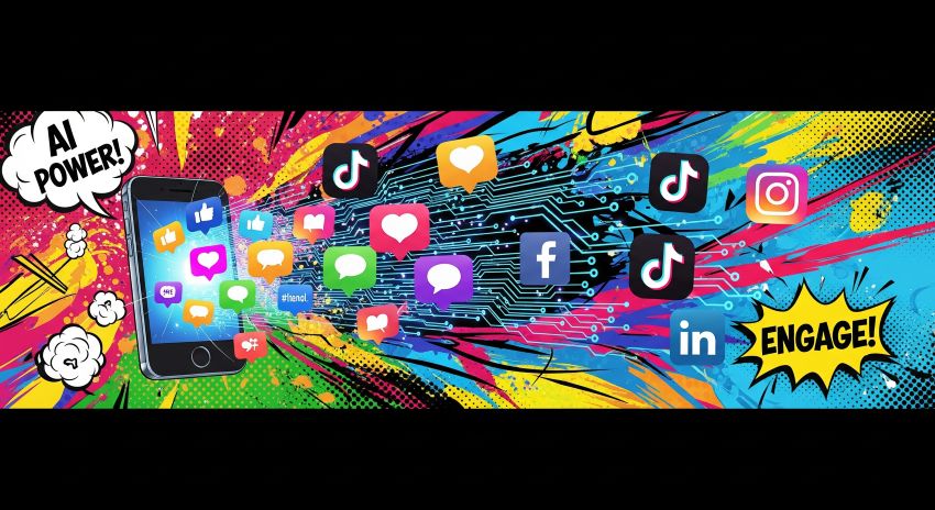 “Pop-art style digital illustration of a smartphone glowing with holographic likes, comments, and hashtag icons, surrounded by AI circuit lines and colorful neon splashes symbolizing AI social media tools driving engagement