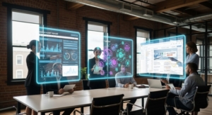 Business team reviewing AI-generated SEO reports and keyword insights on holographic screens in a modern office setting