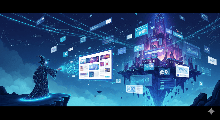 A vibrant fantasy-style digital illustration of a magical floating city made of glowing websites and animated digital interfaces. In the foreground, an AI wizard figure stands on a luminous cliff, transforming a blank canvas into a colorful, interactive website. Swirling data streams connect elements like charts, search bars, chatbots, and analytics icons under a starry, constellation-filled sky. The image conveys futuristic web performance and the power of AI-powered websites through imaginative and bright design.