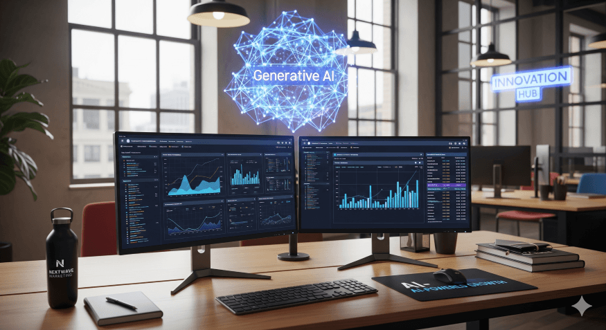 Photorealistic image of a modern digital marketing workspace inside a brownstone office. A wood desk with dual monitors displays AI-generated SEO reports and keyword trend analytics. A glowing holographic neural network pattern hovers in the background, symbolizing Generative AI. Reflections of the hologram appear on tall office windows, adding a futuristic feel. The room is bright, intelligent, and creatively branded.