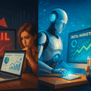 A split-screen view of digital marketing failure vs. AI-powered success with a glowing AI brain balancing the outcome.