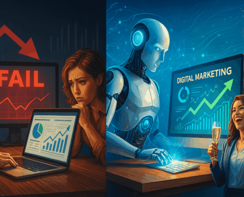 A split-screen view of digital marketing failure vs. AI-powered success with a glowing AI brain balancing the outcome.