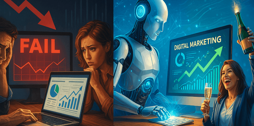 A split-screen view of digital marketing failure vs. AI-powered success with a glowing AI brain balancing the outcome.
