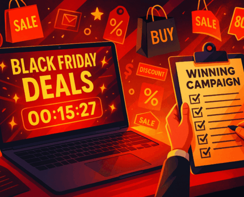 A digital marketer reviews a Black Friday campaign checklist in front of a laptop showing a countdown timer and vibrant holiday sale graphics.