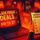 A digital marketer reviews a Black Friday campaign checklist in front of a laptop showing a countdown timer and vibrant holiday sale graphics.