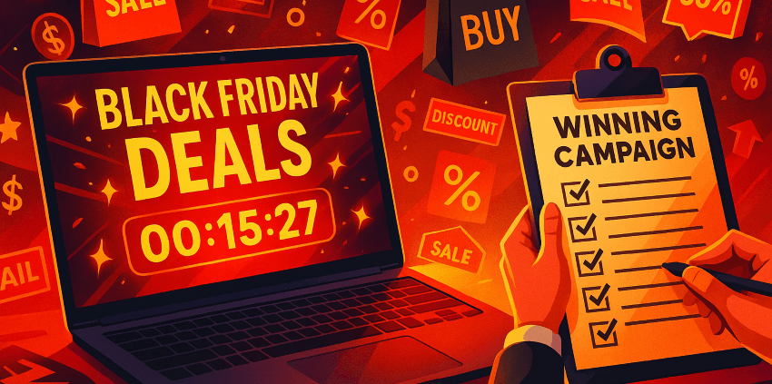 A digital marketer reviews a Black Friday campaign checklist in front of a laptop showing a countdown timer and vibrant holiday sale graphics.