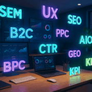 Glowing 3D acronyms like SEO and PPC floating above a desk in a tech-forward workspace.