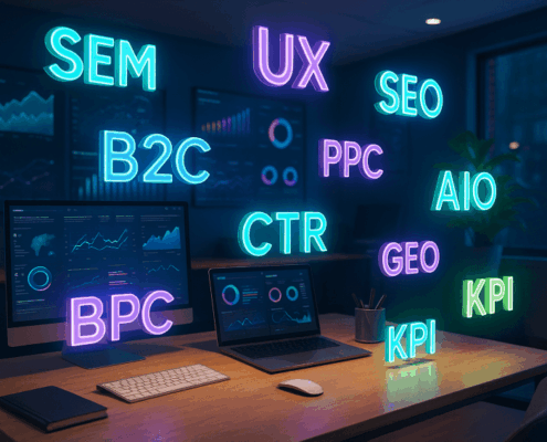 Glowing 3D acronyms like SEO and PPC floating above a desk in a tech-forward workspace.