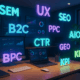Glowing 3D acronyms like SEO and PPC floating above a desk in a tech-forward workspace.