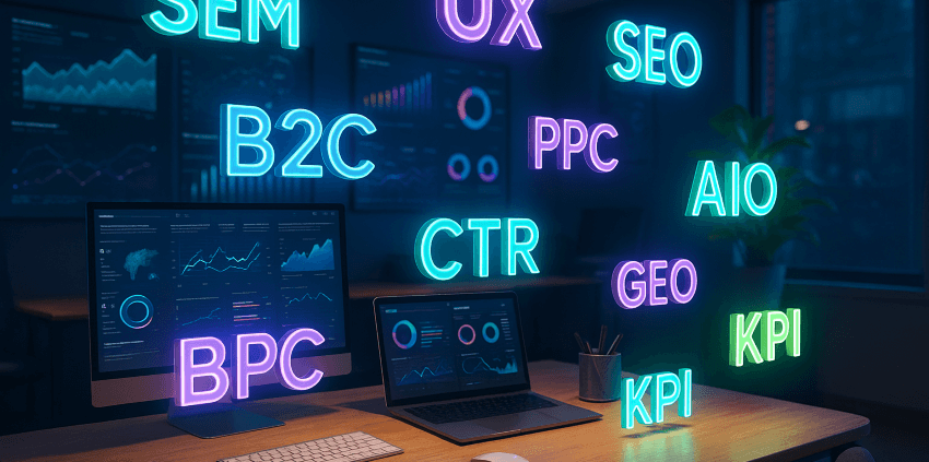 Glowing 3D acronyms like SEO and PPC floating above a desk in a tech-forward workspace.