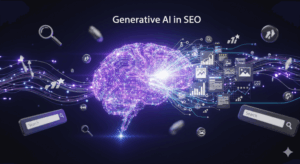 Generative AI in SEO - stylized AI brain made of flowing digital circuits and glowing data lines generating search engine graphs