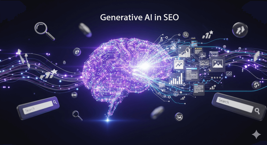 Generative AI in SEO - stylized AI brain made of flowing digital circuits and glowing data lines generating search engine graphs