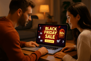 a couple in their home shopping a black friday campaign sale online for services or a product