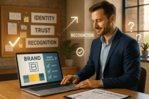 Small business owner reviewing logo design and brand strategy on a laptop in a modern office, symbolizing brand development success.