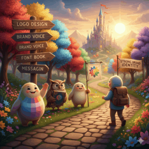Fairytale-style illustration of a business character on a magical path through a brand development kingdom, symbolizing the journey to a strong brand identity
