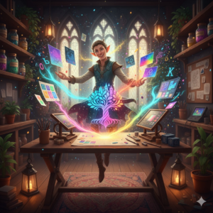Storybook-style illustration of a magical workshop where a glowing logo is being crafted with whimsical brand elements floating around.