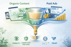 Hybrid marketing funnel strategy illustration - organic combined with paid ads marketing