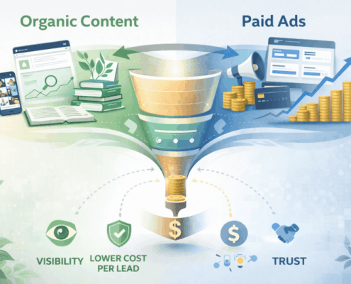 Hybrid marketing funnel strategy illustration - organic combined with paid ads marketing