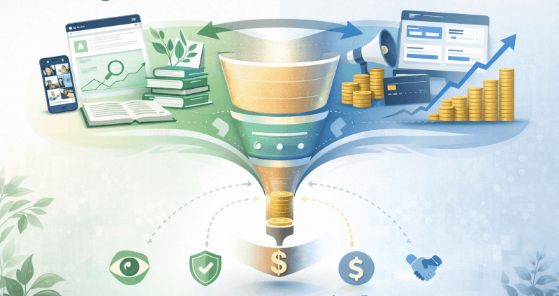 Hybrid marketing funnel strategy illustration - organic combined with paid ads marketing
