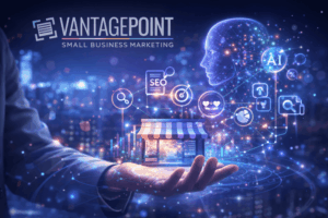 How VantagePoint Marketing Helps Small Businesses Compete in an AI-Driven Market - Futuristic Ai and human marketing collaborations
